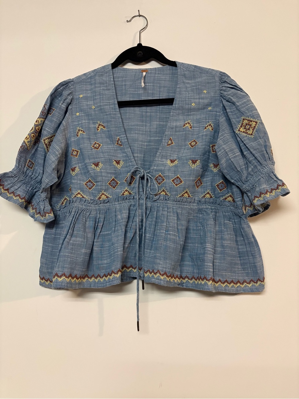 Free People Blue Embroidered Tie-Front Peasant Top